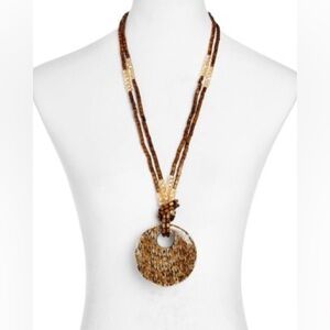 MaxMara Candela 23” Wood Beaded Knot Pendant Necklace Brown Gold Boho Statement